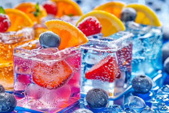 Colorful cocktails with berries and citrus on a wooden table emphasizing freshness natural ingredients and festive vibes perfect for parties and outdoor events