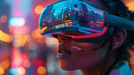 Futuristic Woman Wearing Colorful Virtual Reality Headset: Immersed in Vibrant Digital World with Glowing Lights