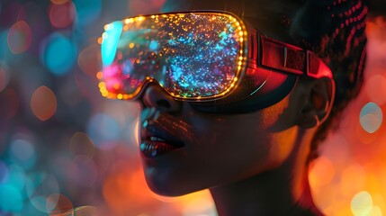 Futuristic Woman Wearing Colorful Virtual Reality Headset: Immersed in Vibrant Digital World with Glowing Lights