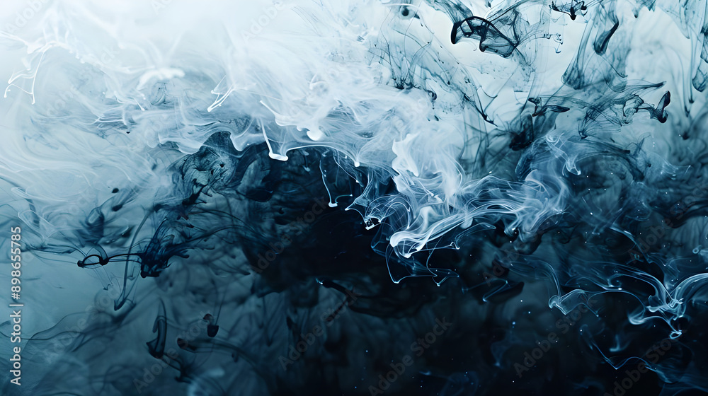 Poster Abstract image of blue ink swirling and diffusing in water, creating dynamic and fluid patterns against a light background.