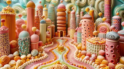 Naklejka premium A whimsical, abstract city made of pastel-colored candy and pastries.