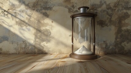 An antique hourglass sits on a wooden table, bathed in sunlight. The sand trickles through the glass, a reminder of time's passage.