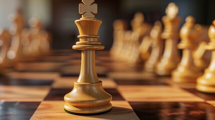 Close-up of a chess king piece on a wooden board, with other pieces in the background.