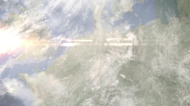 Earth zoom in from space and focus on Paderborn, Germany. Background for travel intro or blog. Satellite view. 3D style Animation. Images from NASA.