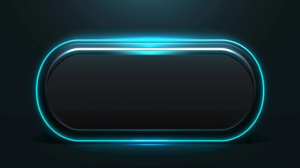 Black oval banner surrounded by futuristic glowing blue neon light on dark background with copy space