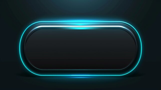 Black oval banner surrounded by futuristic glowing blue neon light on dark background with copy space