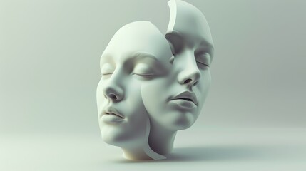 Abstract sculpture of two faces, one with eyes closed, the other open. The faces are fragmented, representing duality and inner conflict.