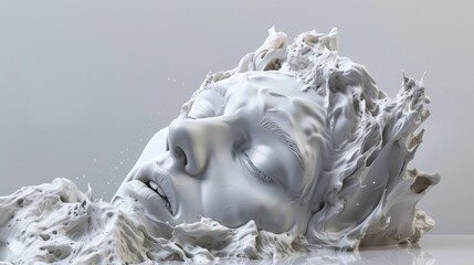 Abstract sculpture of a woman's face, made of white, textured material. The face is serene and ethereal.