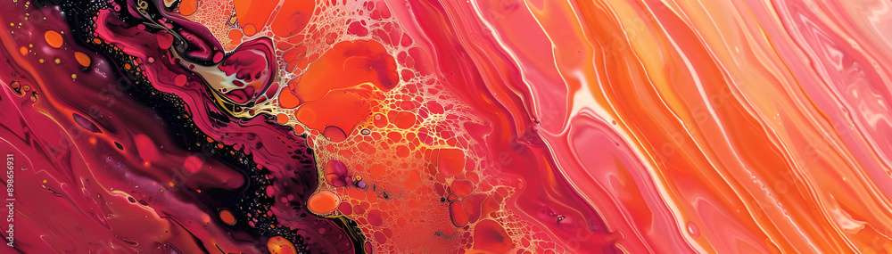 Poster Dynamic and vibrant abstract liquid art featuring rich red and orange hues with intricate patterns and textures.