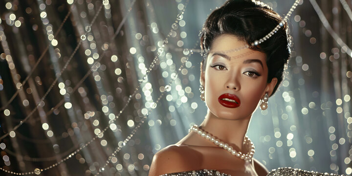 Old Hollywood Glamour: A beautiful pin-up model in a classic Hollywood dress and pearl necklace, posing in front of a silver sequined curtain.