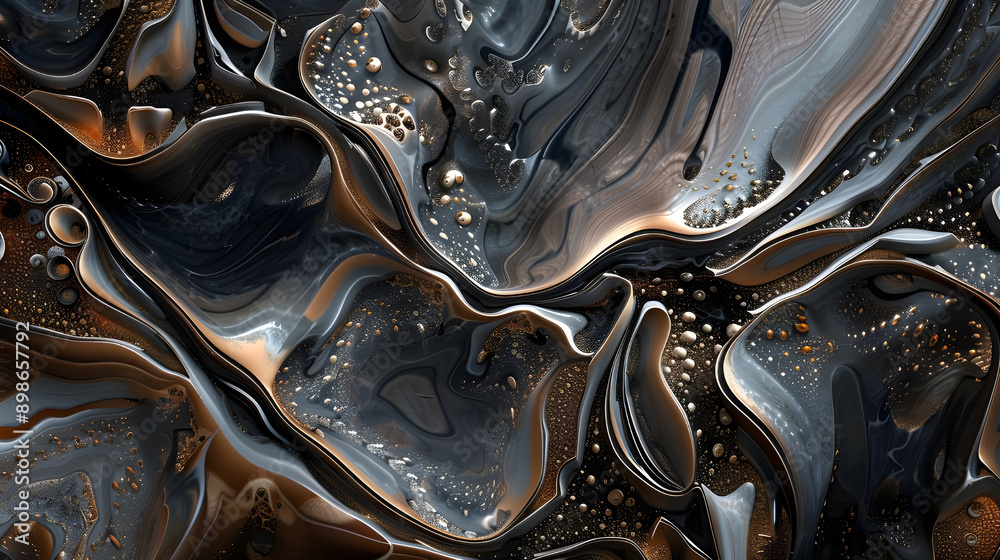 Aufkleber abstract fluid art featuring metallic tones of gold, silver, and black with dynamic swirls and bubbl