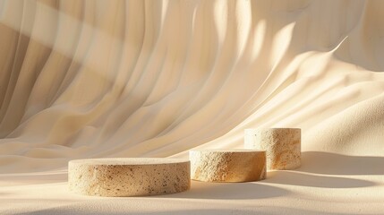 Three round podiums on a light brown background with a wavy fabric backdrop.