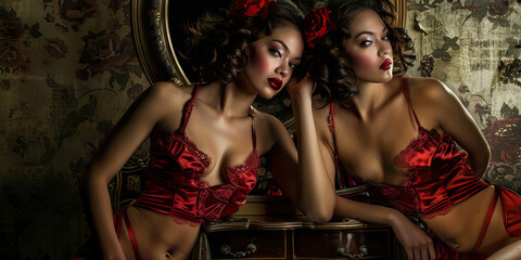 Vintage Siren: A pin-up girl dressed in red satin lingerie, striking a seductive pose on top of an antique vanity table adorned with vintage makeup and accessories.