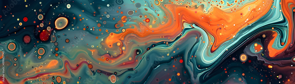 Poster vibrant abstract fluid art featuring swirling patterns and bubbles in a dynamic mix of orange, blue,