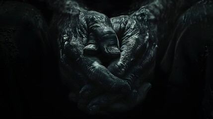Fototapeta premium A close-up image of aged, weathered hands clasped together, conveying a sense of wisdom and experience. 