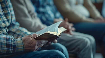 A close-up of a person reading a Bible during a group gathering, highlighting themes of faith and community. 