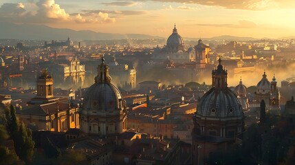 A breathtaking panoramic view of Rome at sunset showcasing its historic architecture and iconic landmarks. 
