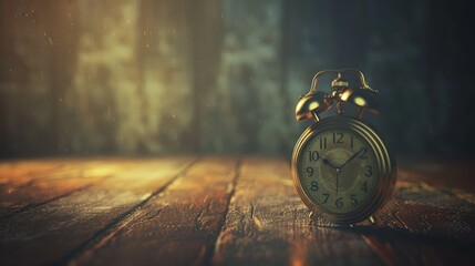 Vintage alarm clock on rustic wooden table with warm light, a nostalgic and timeless reminder of time passing.