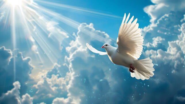 A serene white dove gracefully soars through a radiant blue sky filled with fluffy clouds and beams of sunlight, symbolizing peace and freedom. 