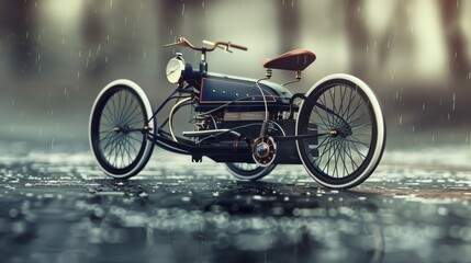 Obraz premium Vintage motorcycle with a single front wheel and a double rear wheel. The motorcycle is parked on a wet road with raindrops in the background.