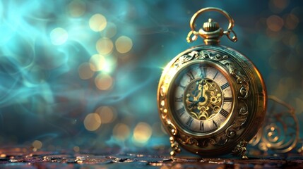 Vintage pocket watch with ornate details stands on a table with a dreamy blue background.