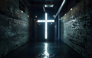 A dimly lit industrial corridor featuring a glowing neon cross, reflecting on wet flooring, creates a dramatic and contemplative atmosphere. 