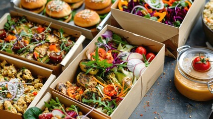 Stylish boxed food containing vegan and gluten-free options, [Boxed Food, Vegan Food], [Allergen-Free]