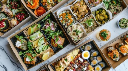 Stylish boxed food containing vegan and gluten-free options, [Boxed Food, Vegan Food], [Allergen-Free]