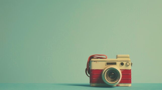 Vintage toy camera on a teal background with copy space.
