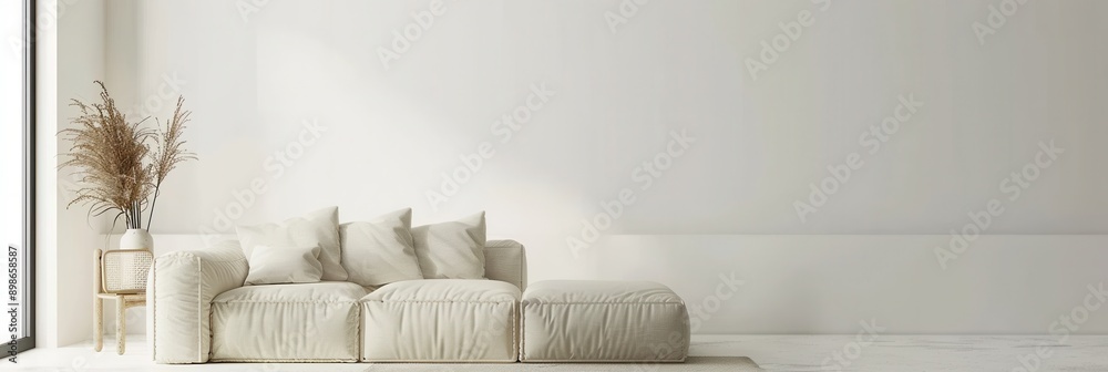 Aufkleber a white sectional couch with plush pillows sits in a modern living room with a large window and pamp