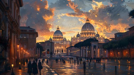 Fototapeta premium A breathtaking sunset illuminates the iconic architecture of Vatican City, with vibrant colors reflecting off wet pavement and silhouetted figures strolling in the foreground. 
