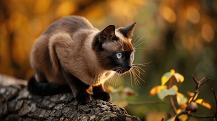 A cat is sitting on a log in the woods