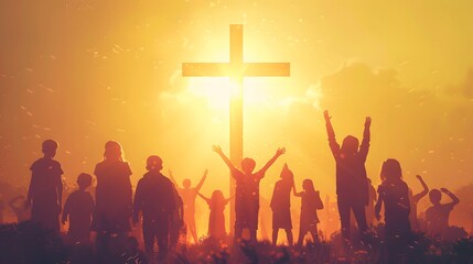 A group of diverse individuals stands in silhouette against a radiant sunset, worshipping near a large cross symbolizing faith and hope. 