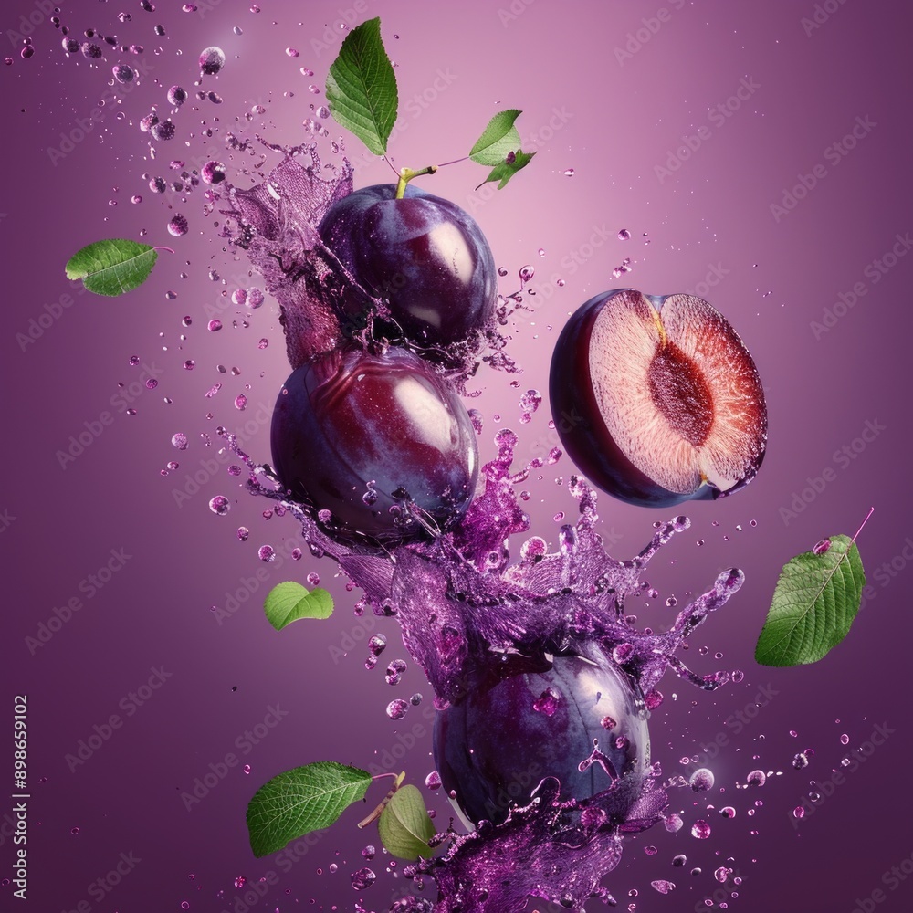 Poster Vivid purple plums splashing water with fresh green leaves. Conceptual fruit photography with dynamic motion. Perfect for food, beverage, and health-style imagery. AI