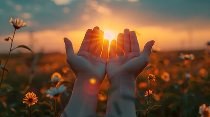 A pair of hands gently cupping the warm glow of the sunset, surrounded by a field of colorful flowers, conveys a message of hope and serenity. 