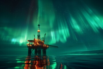 Obraz premium An oil rig stands tall in the sea under a breathtaking display of the Aurora Borealis.