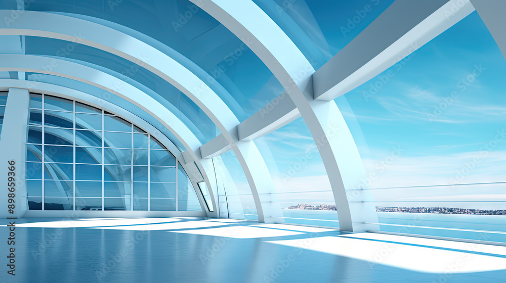 Poster Abstract architecture scene with smooth curves. Abstract background with futuristic building in white and blue colors.