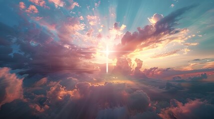 A breathtaking view of a radiant sky filled with colorful clouds and a luminous cross symbolizing hope and spirituality.