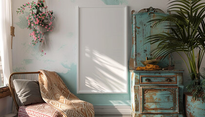 Bohemian home office vintage furniture with empty frame