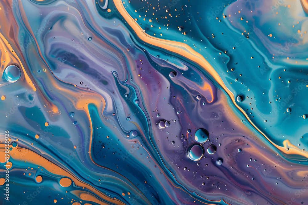 Poster Dynamic and colorful fluid art piece featuring swirling patterns and bubbles, creating an energetic and captivating visual effect.