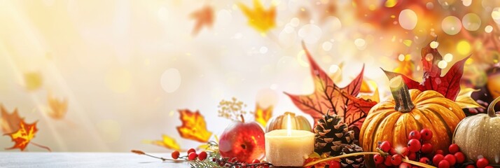 Thanksgiving and Autumn decoration concept made from apples, autumn leaves and pumpkin on an light background. Horizontal banner. Free space for text, copy space. Harvest Festival
