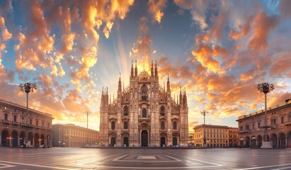 Fototapeta premium A stunning sunset casts vibrant colors behind the iconic Milan Cathedral, highlighting its intricate gothic architecture in a picturesque square. 
