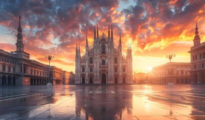 A stunning sunset illuminates the iconic fa√ßade of Milan Cathedral, reflecting beautifully on the wet pavement of the piazza. 