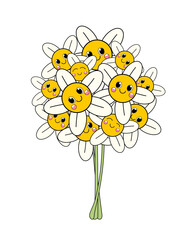 Happy flowers, Bouquet of smiling flowers. Cartoon bouquet of smiling and happy flowers. Joyful daisies. Doodle flowers. Flowers on a white background