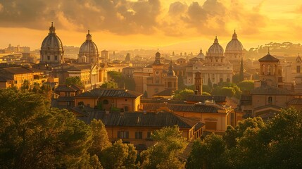A breathtaking sunset over the iconic skyline of Rome, showcasing historic architecture and vibrant colors. 