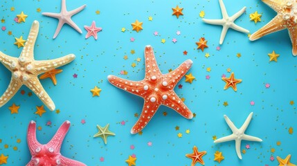 Colorful starfish on a bright blue background with decorative stars, creating a vibrant and playful underwater theme.