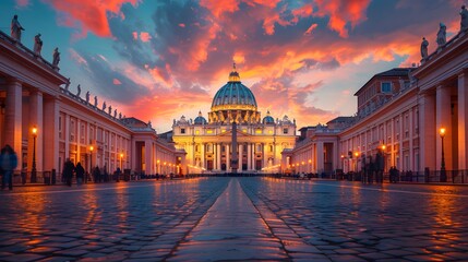 Fototapeta premium A breathtaking view of St. Peter's Basilica at sunset, featuring vibrant clouds and illuminated architecture. 