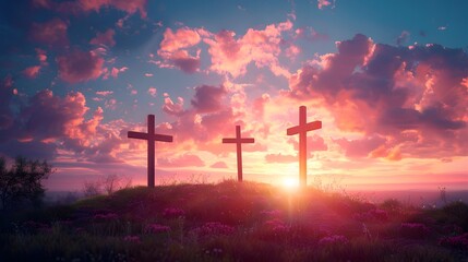A serene sunset backdrop features three wooden crosses on a hill, surrounded by blooming flowers and vibrant clouds, symbolizing peace and spirituality. 