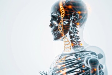 Futuristic human skeleton with glowing elements, showcasing the intersection of biology and technology in a digital illustration.