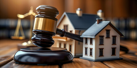 Real Estate Proceedings: Gavel and Miniature Houses in a Dreamlike Setting